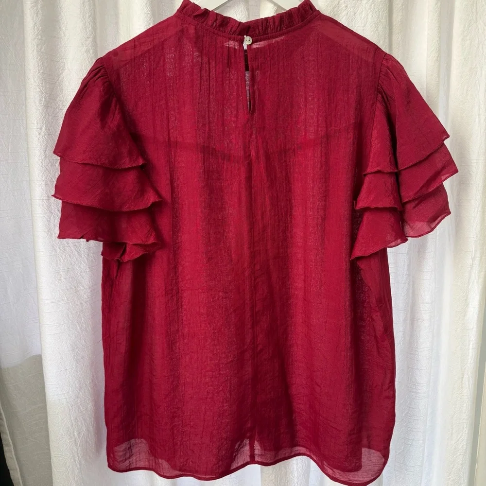 Nanette Lepore Burgundy Flutter Sleeve Top sz L - Picture 1 of 6